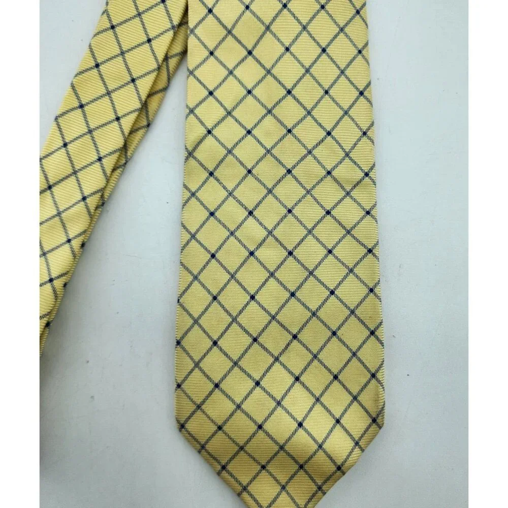 Brooks Brothers Makers Pure Silk Necktie Yellow Blue Check USA Made‎